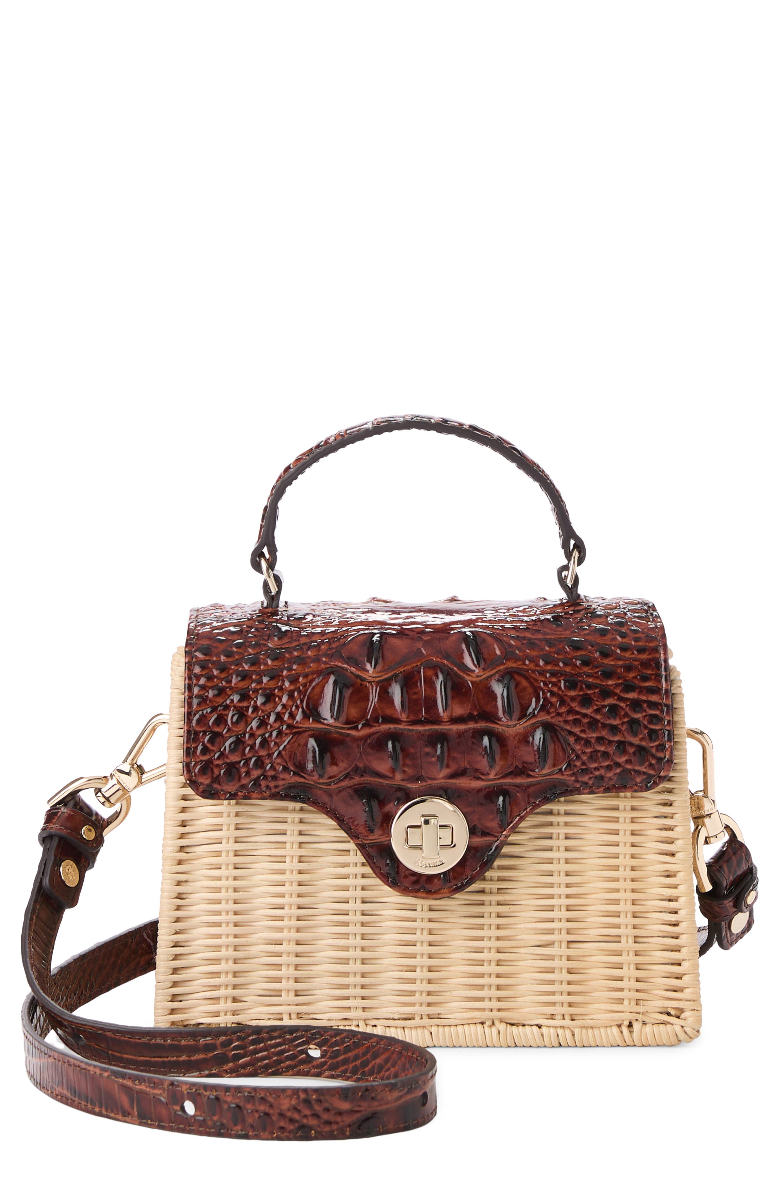 Brahmin Liliana Croc Embossed Leather & Wicker Top Handle Bag, Main, color, Pecan