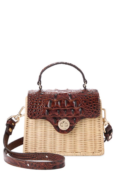 Liliana Croc Embossed Leather & Wicker Top Handle Bag