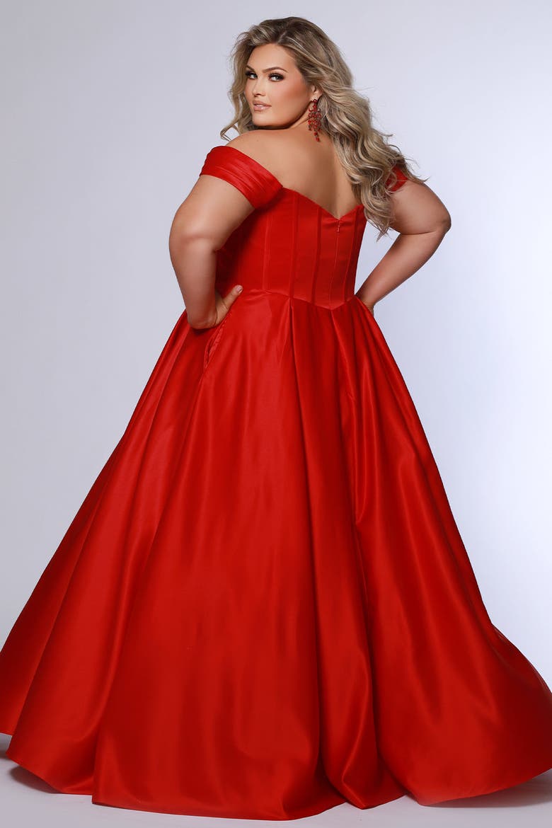 Sweetheart Neckline Off the Shoulder Plus Size A-line Gown, Alternate, color, Ruby