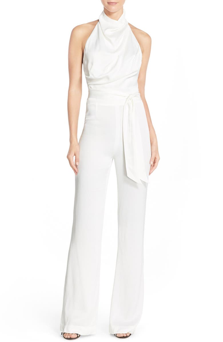 MISHA Collection 'Delia' Halter Satin Jumpsuit, Main, color, 