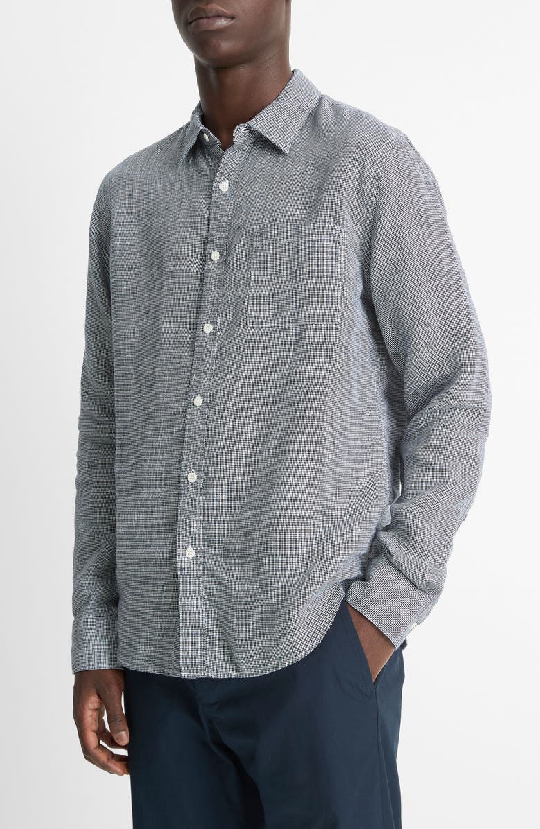 Vince Houndstooth Classic Fit Linen Button-Up Shirt, Alternate, color, Coastal/ Optic White