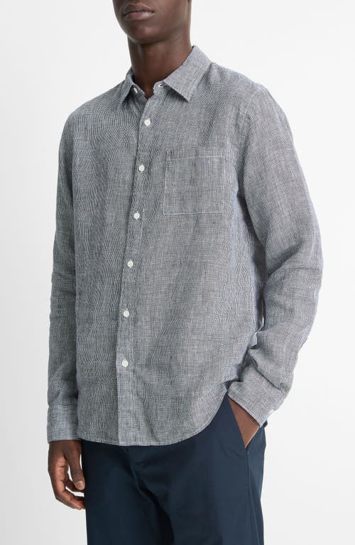 Vince Houndstooth Classic Fit Linen Button-up Shirt In Gray