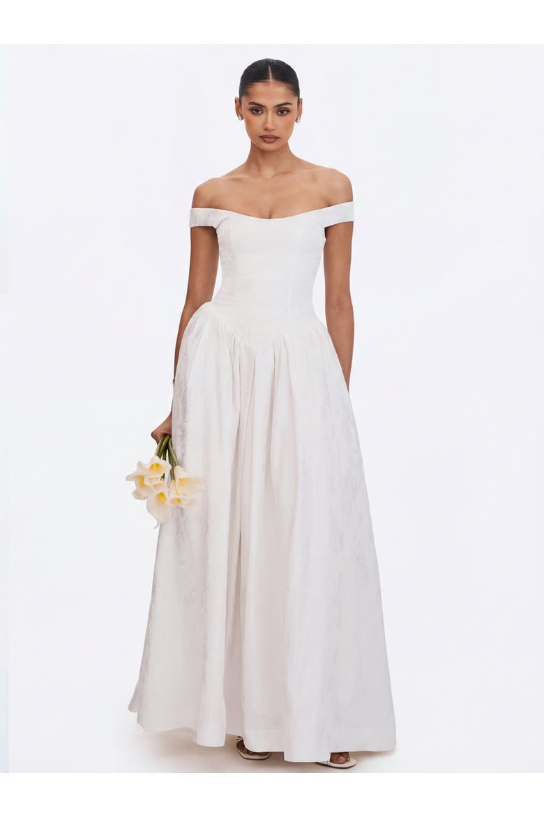 Tinsley Jacquard Bardot Wedding Gown, Alternate, color, White