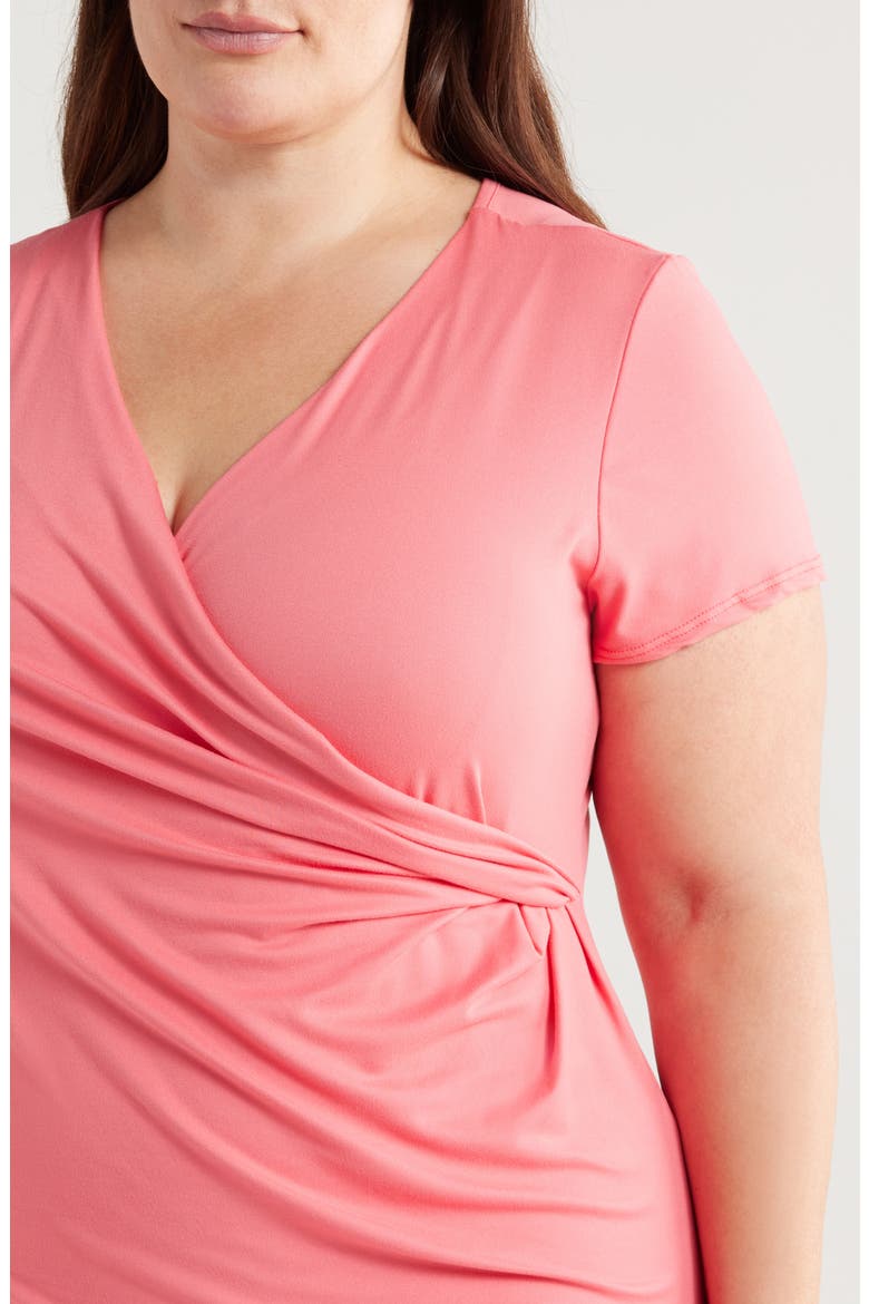 V-Neck Stretch Faux Wrap Dress, Alternate, color, CORAL