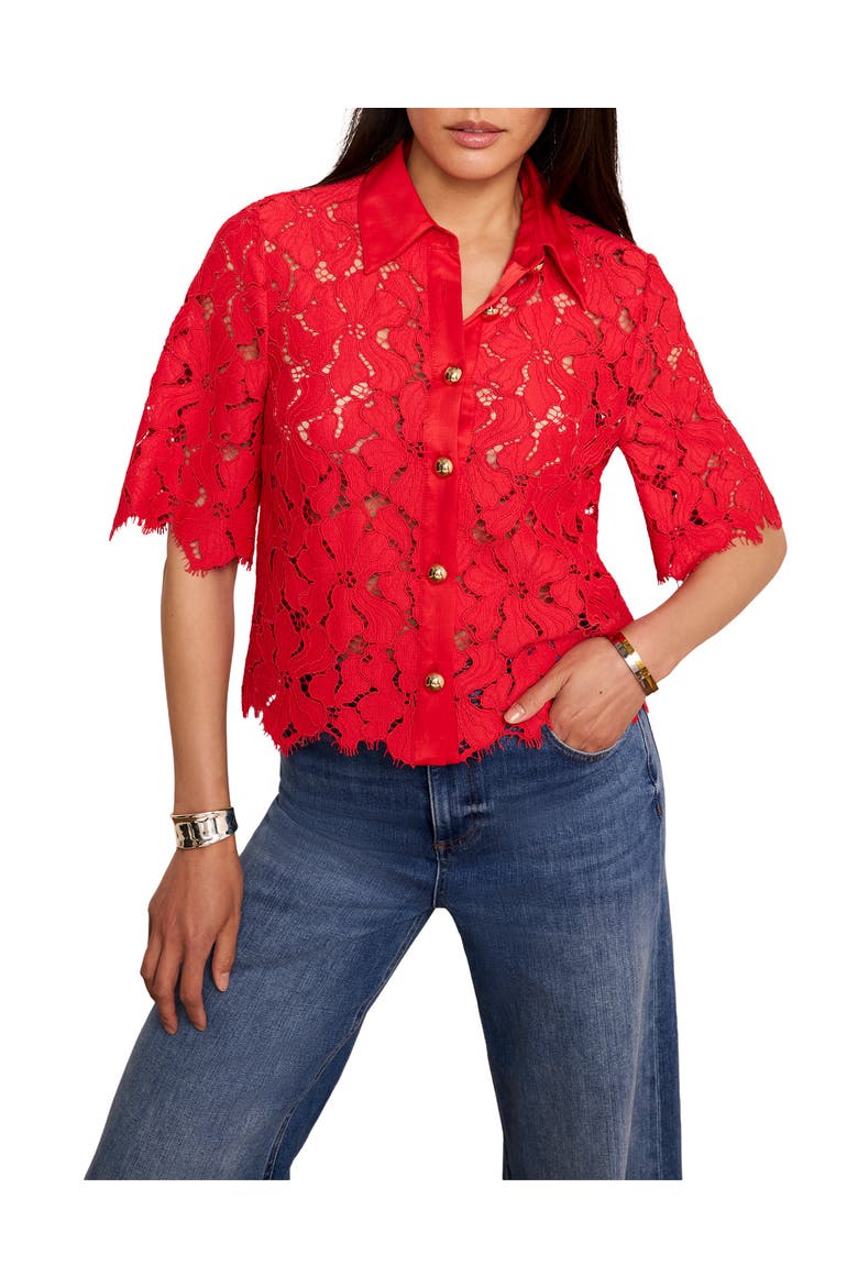 Lace Short Sleeve Cropped Shirt, Main, color, Red