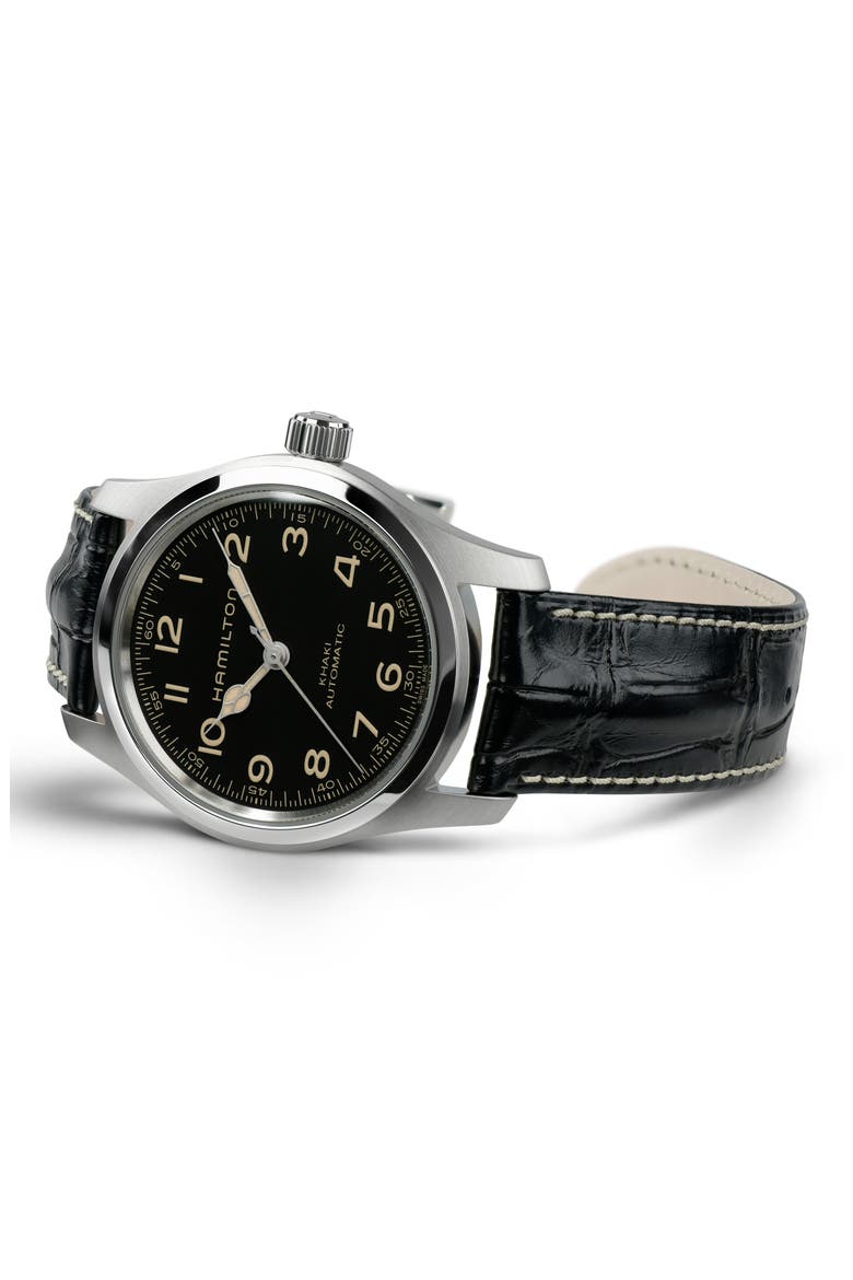 Khaki Field Automatic Leather Strap Watch, 42mm, Alternate, color, BLACK