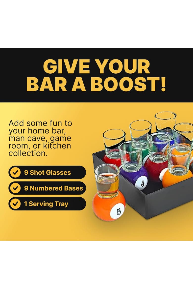 Billiards Pool Ball Shot Glasses, Set of 9 1oz Glasses, Alternate, color, Multicolored