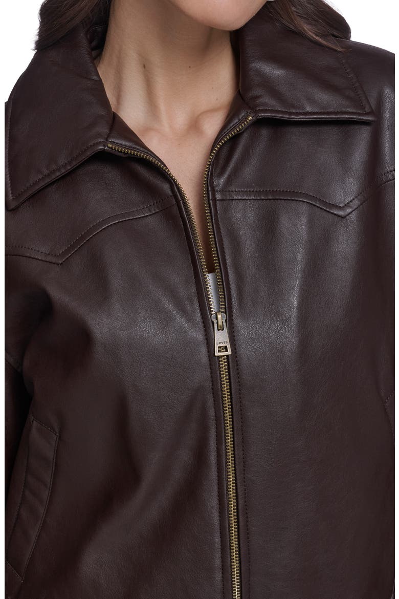 Western Yoke Faux Leather Bomber Jacket, Alternate, color, DARK BROWN