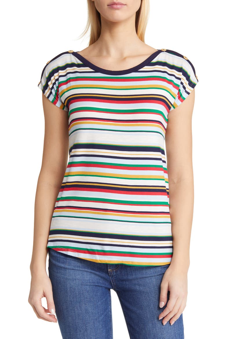 Stripe Button Shoulder T-Shirt, Main, color, MULTISTRIPE