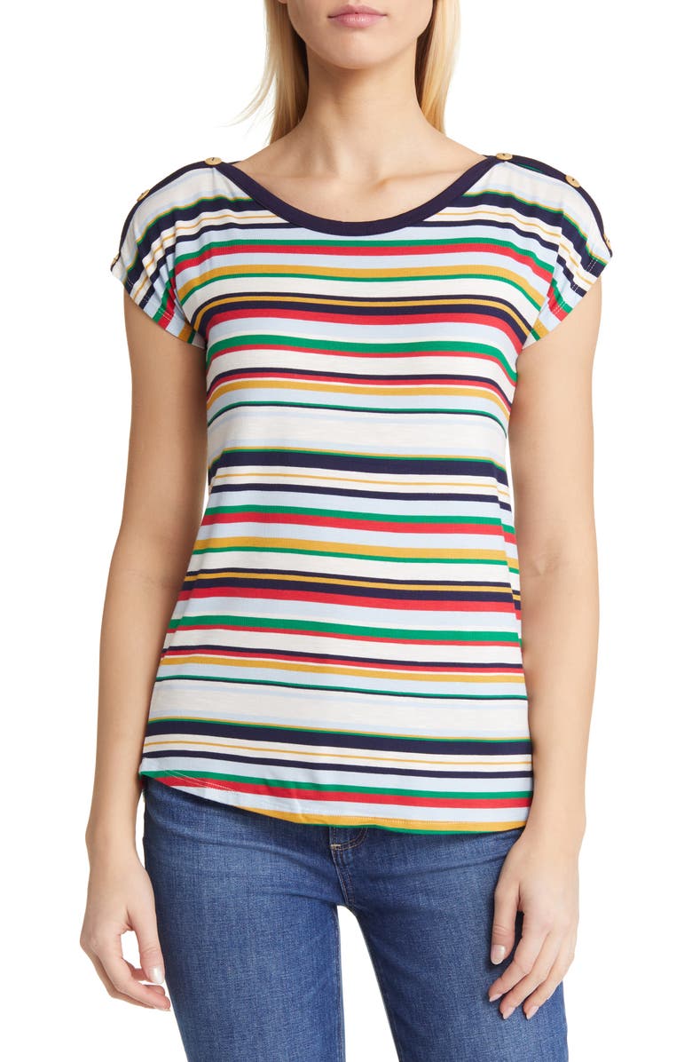 Loveappella Stripe Button Shoulder T-Shirt, Main, color, Multistripe