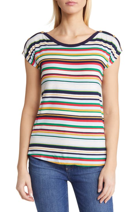 Stripe Button Shoulder T-Shirt