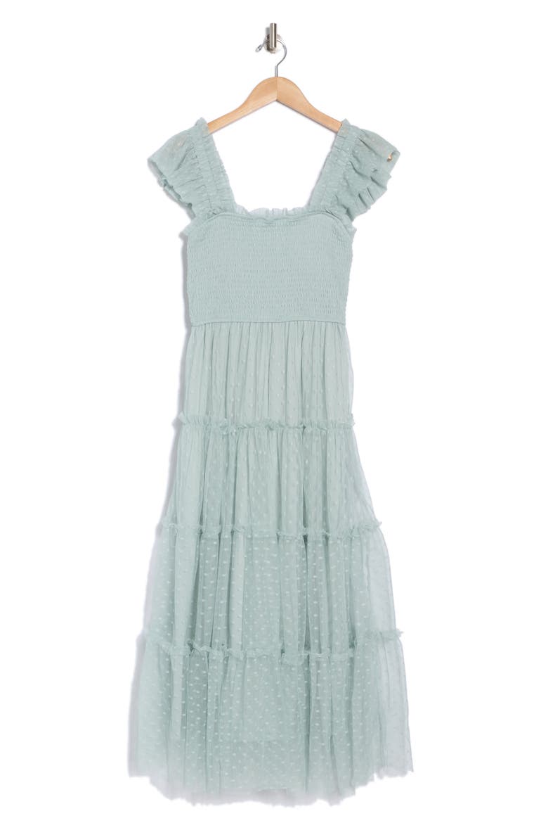 Mesh Smocked Tiered Midi Dress, Alternate, color, SAGE