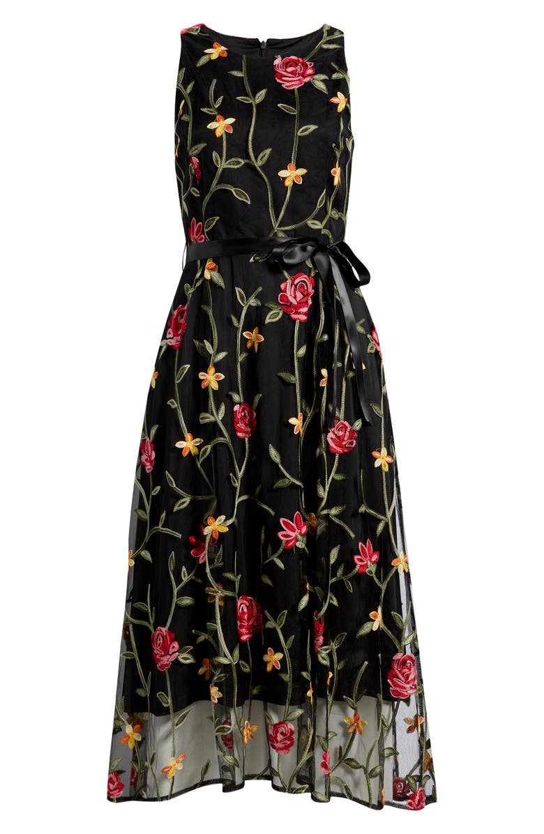 Tahari ASL Floral Embroidered Sleeveless Midi Dress, Alternate, color, Black Multi