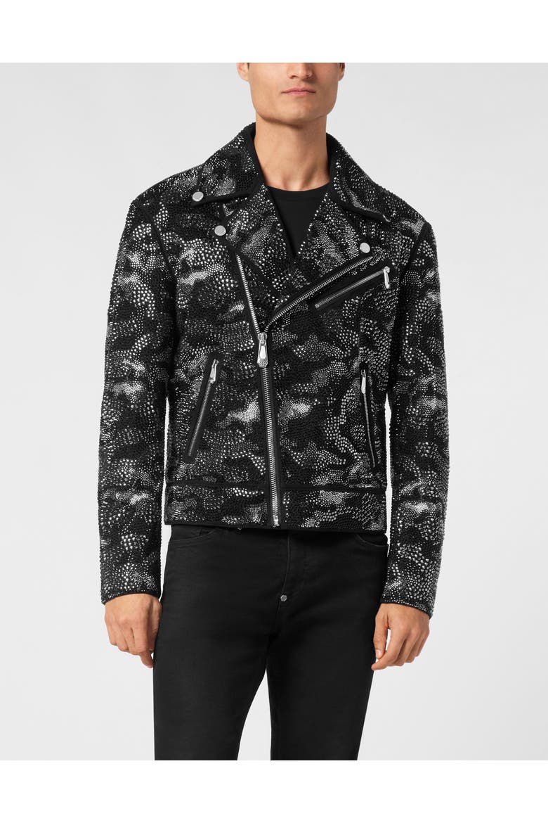 Strass Leather Biker Jacket Camouflage Men, Main, color, black
