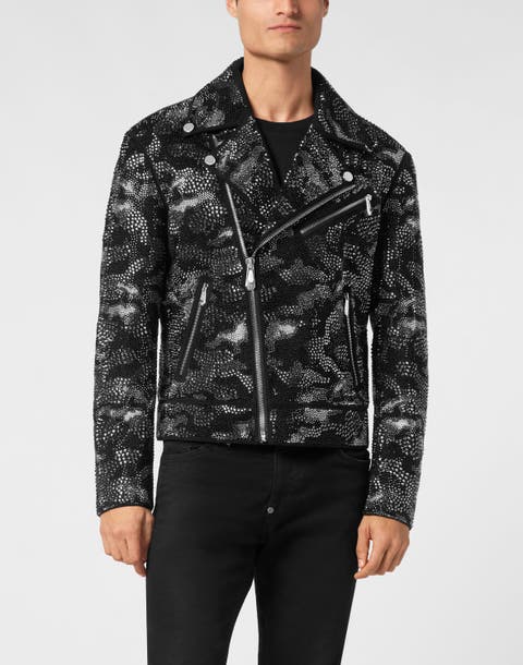 Strass Leather Biker Jacket Camouflage Men
