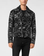 PHILIPP PLEIN Strass Leather Biker Jacket Camouflage Men