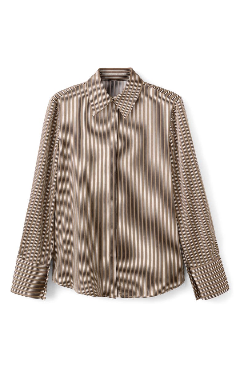 MANGO Stripe Satin Button-Up Shirt, Alternate, color, Medium Brown