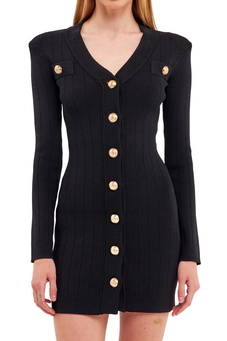 Padded Shoulder Long Sleeve Button-Up Sweater Minidress, Alternate, color, BLACK