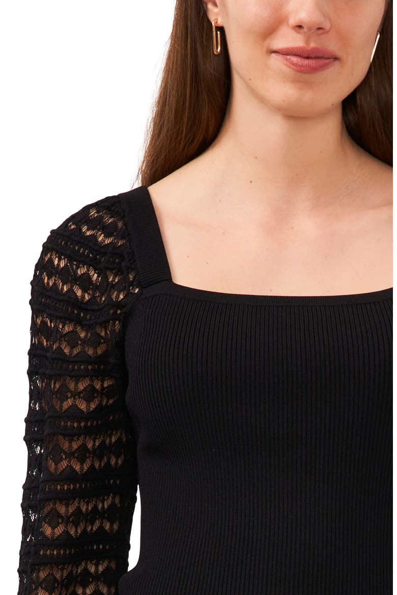 Lacy Sleeve Square Neck Sweater, Alternate, color, RICH BLACK