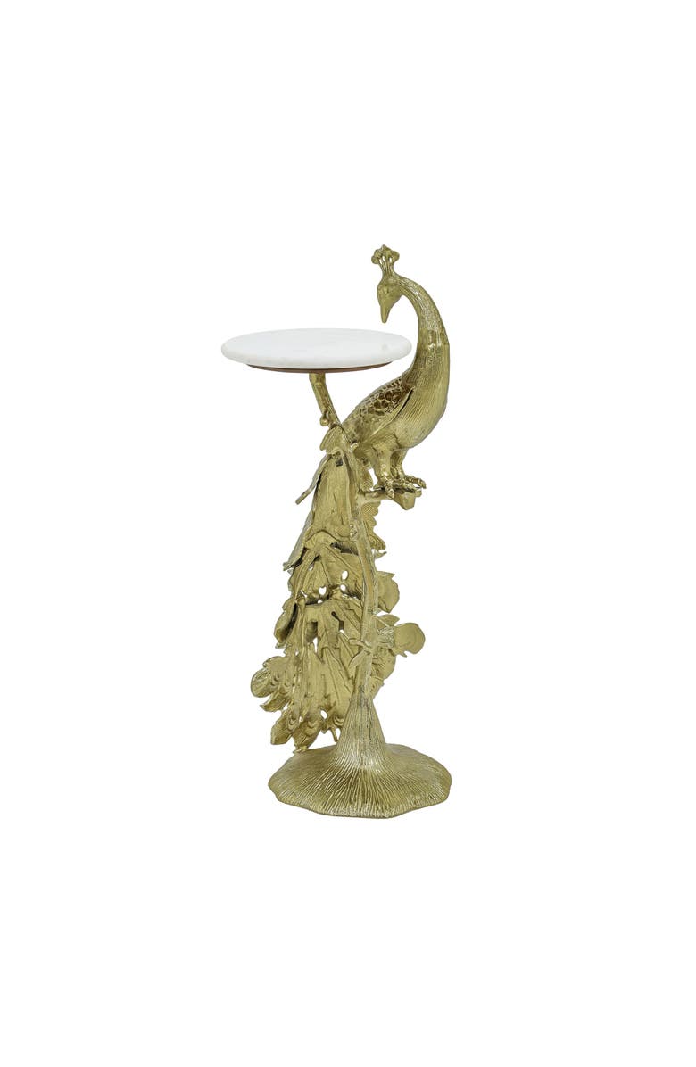 Expo Bazaar Side Table with Marble Top Peacock Sculpture Table, Alternate, color, Gold - 13X13.5x29.5"