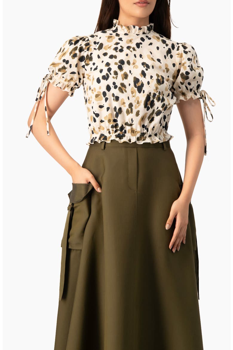 Abstract Animal Print Crop Blouse, Puff Sleeve Ruffle Neck Top, Main, color, Olive Green