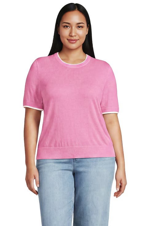 Double Trim Cotton Crew Neck Tee Sweater