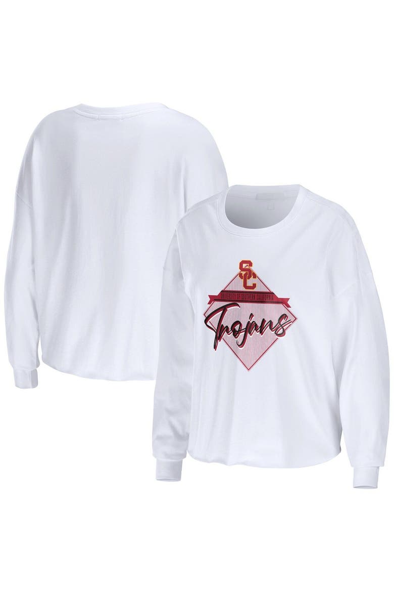 Women's WEAR by Erin Andrews White USC Trojans Diamond Long Sleeve Cropped T-Shirt, Main, color, White