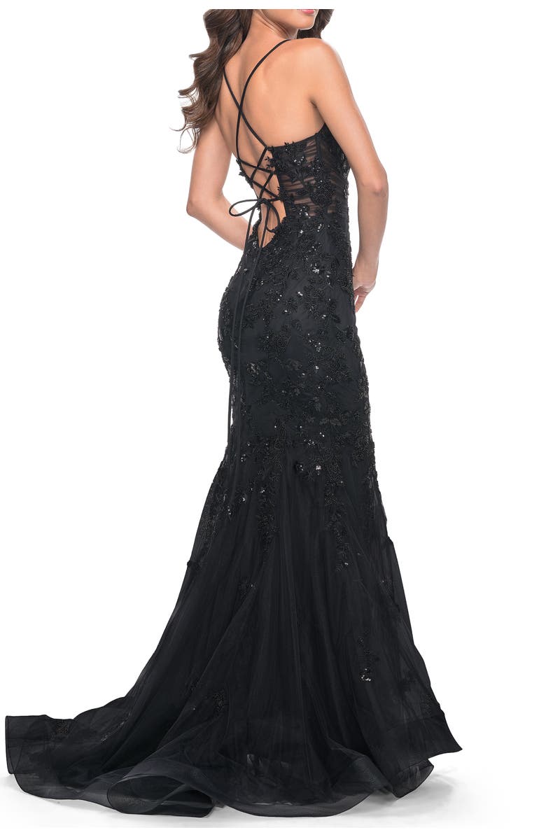 La Femme Mermaid Prom Dress with Sequin Beaded Applique, Alternate, color,