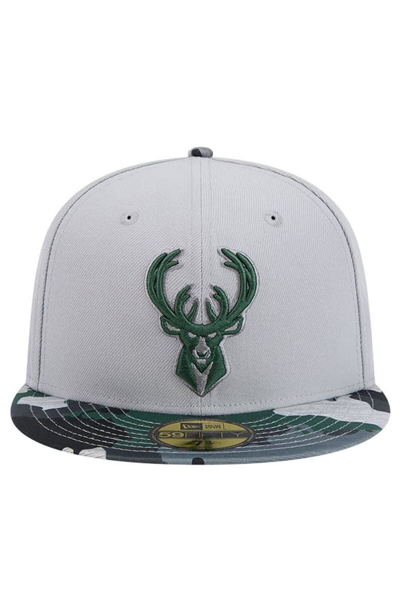 New Era Men's New Era Gray Milwaukee Bucks Active Color Camo Visor 59FIFTY Fitted Hat, Alternate, color, 