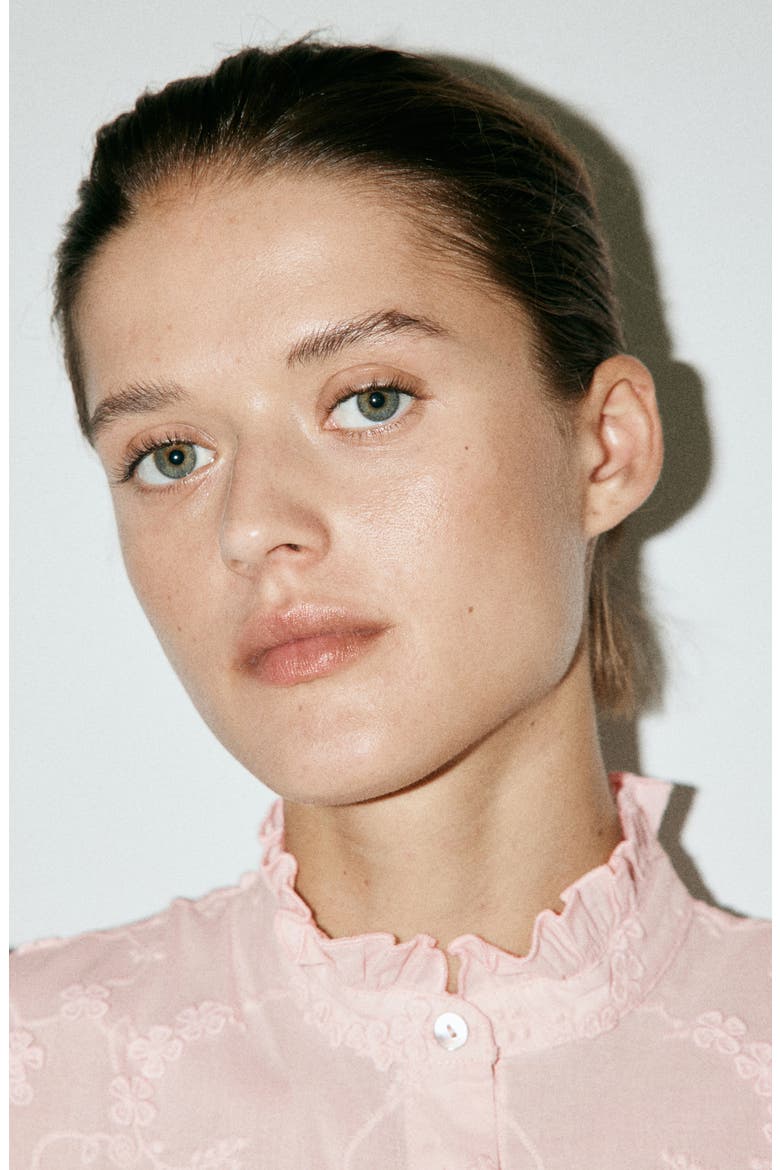 Embroidered Puff Sleeve Cotton Shirt, Alternate, color, PINK