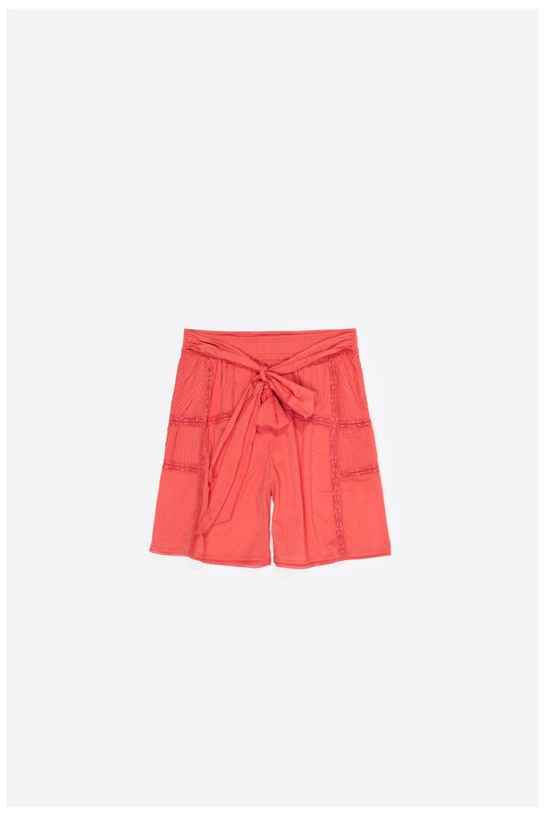 Cotton Pleated Bermuda Shorts with Lace Trim, Alternate, color, CORAL