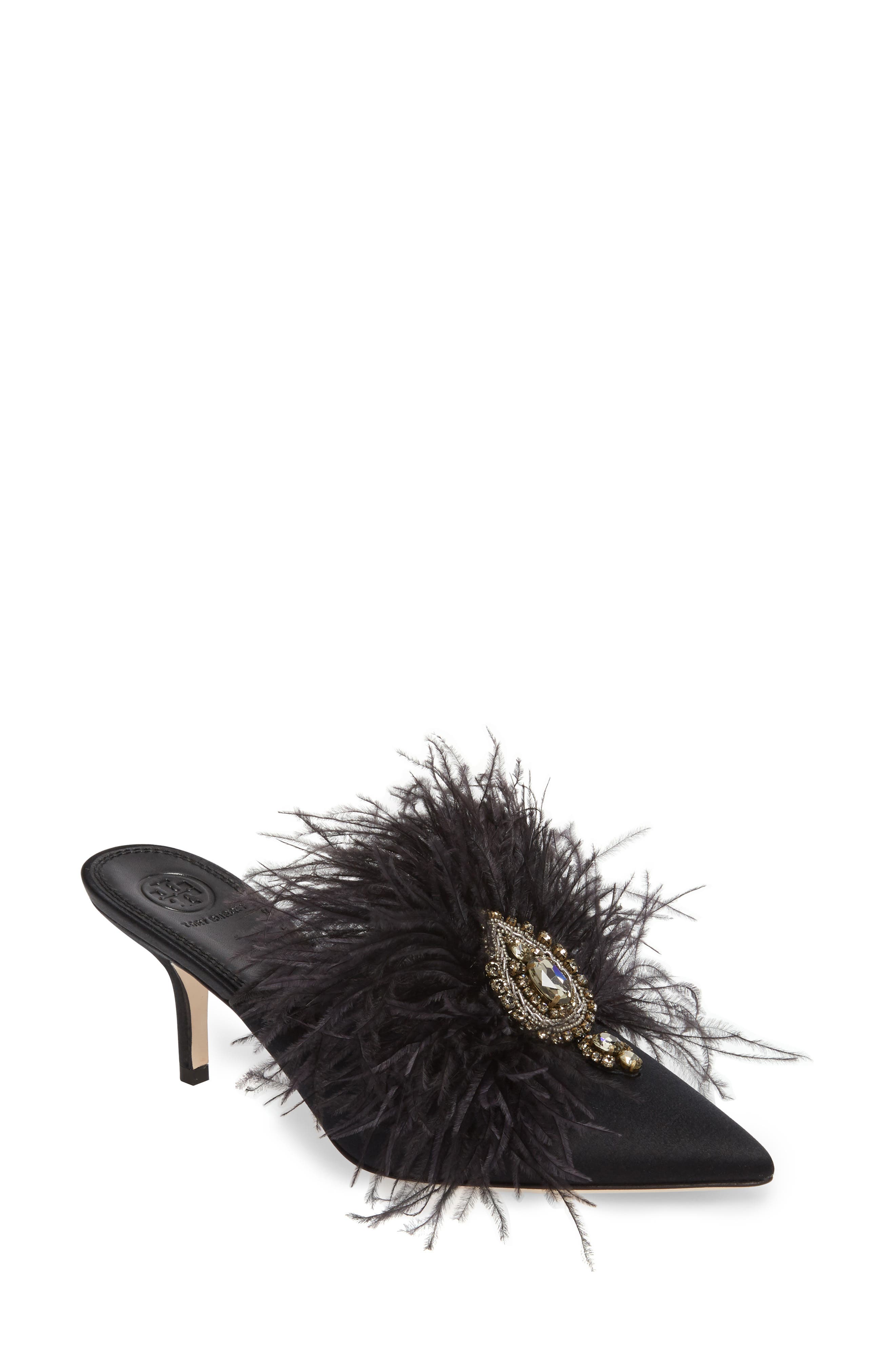 Tory Burch Elodie Embellished Feather Mule, Main, color, 