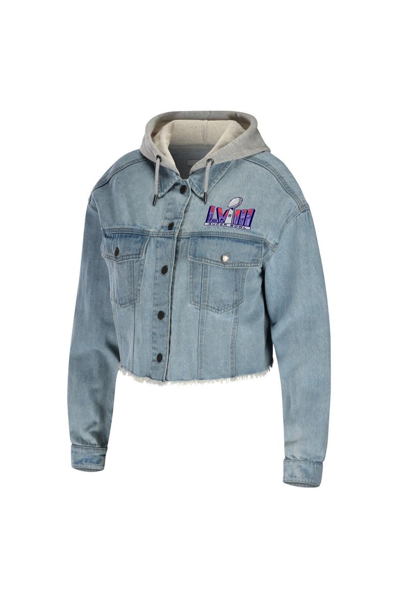 Women's WEAR by Erin Andrews Denim Super Bowl LVIII Cropped Hoodie Full-Snap Jacket, Alternate, color, Denim