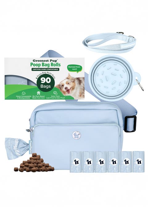 Walk Star Kit 3-in-1 Dog Walk Bag, Bowl, & Leash plus Matching 90 Refill Dog Poop Bags