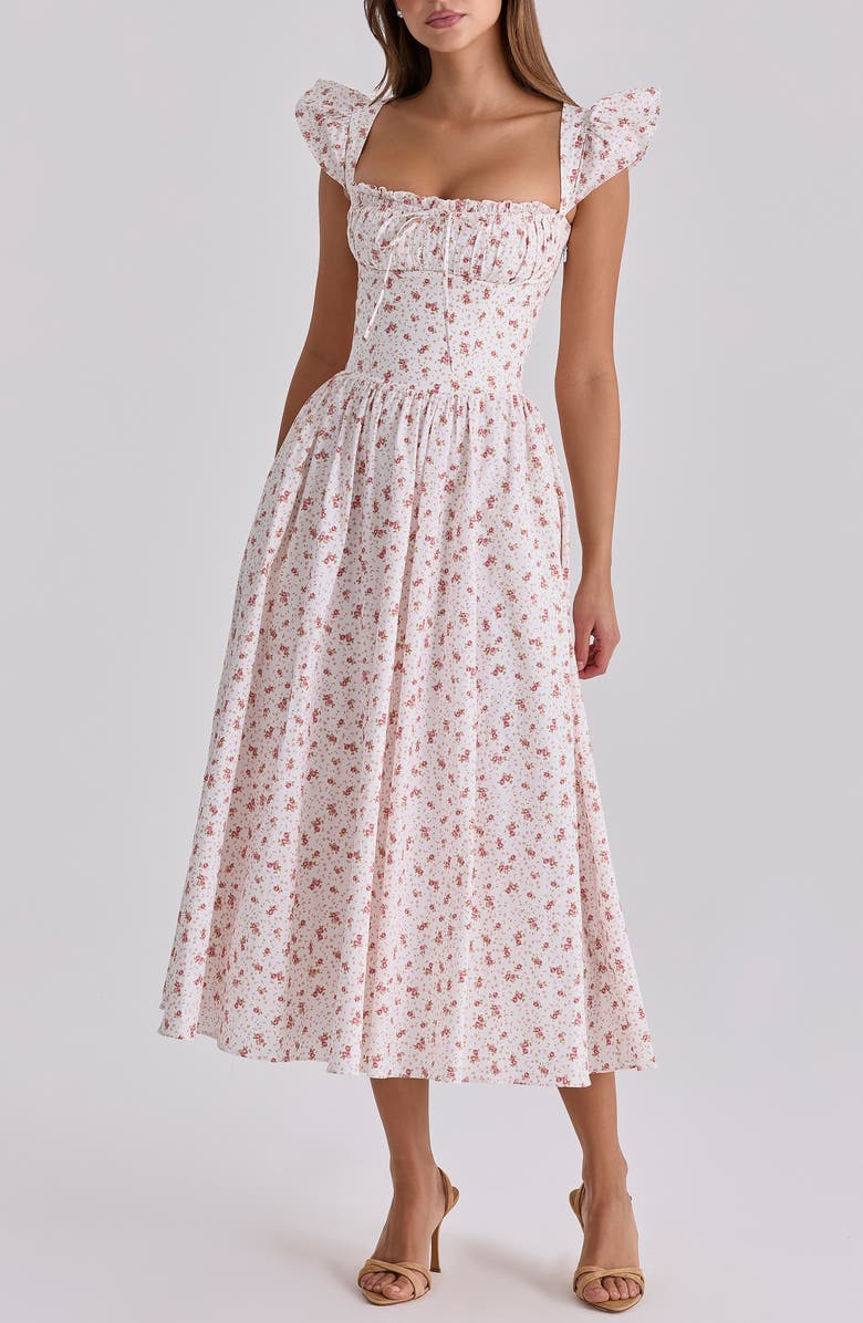 HOUSE OF CB Livia Ditsy Floral Print Stretch Cotton Midi Dress, Main, color, White Ditsy