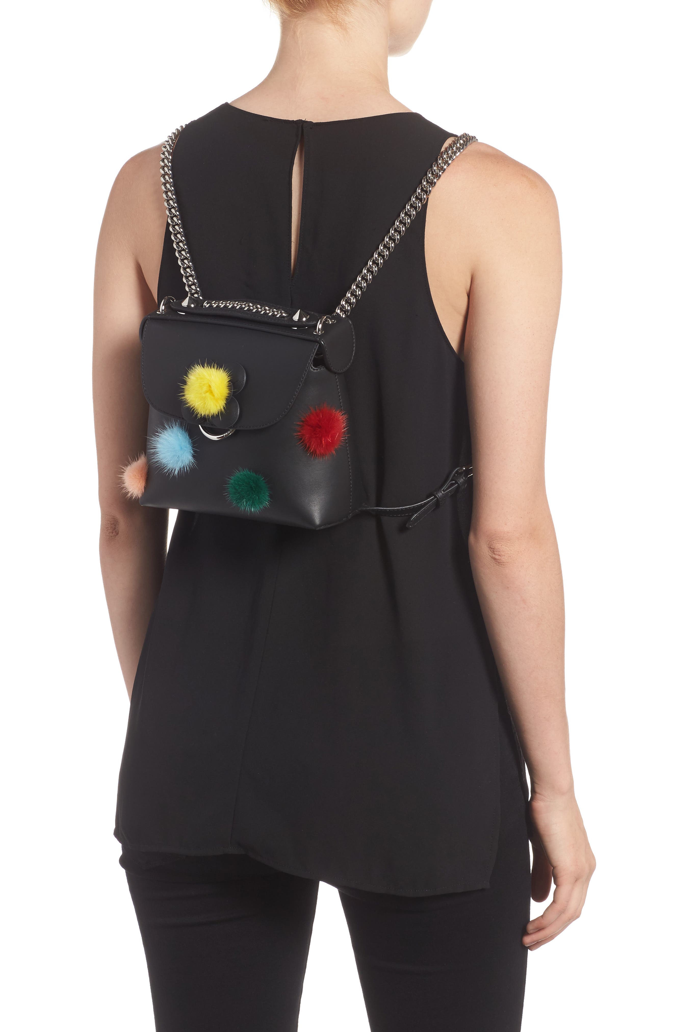 Fendi Mini Back to School Genuine Mink Fur Pompom Leather Shoulder Bag, Alternate, color, 