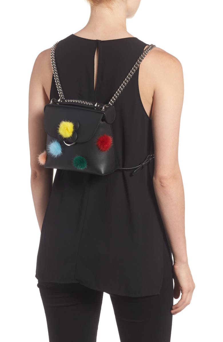 Fendi Mini Back to School Genuine Mink Fur Pompom Leather Shoulder Bag, Alternate, color,