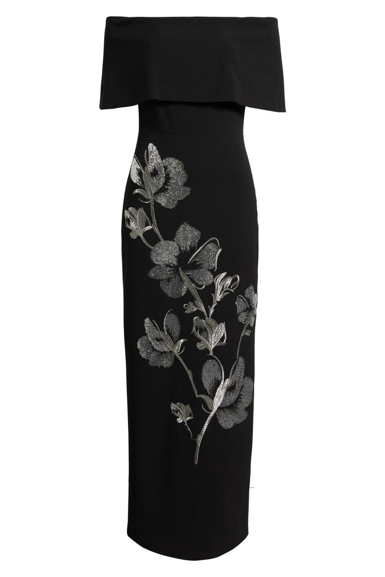 Metallic Sequin Placed Floral Embroidery Strapless Gown, Alternate, color, BLACK