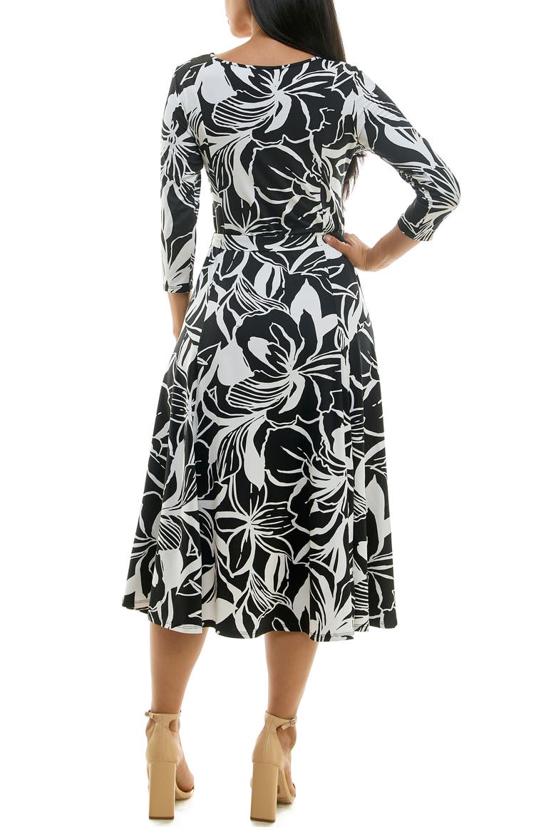 Crewneck Three-Quarter Sleeve Midi Dress, Alternate, color, BLACK WHITE