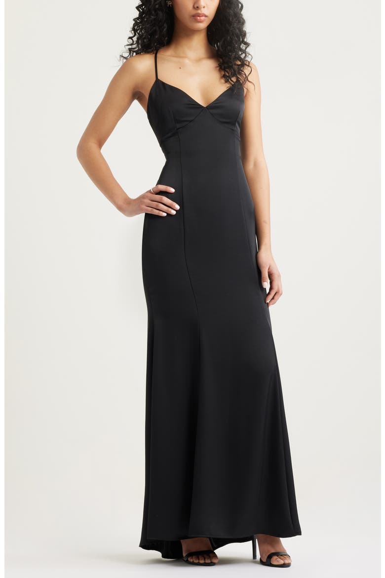 Tie Back Satin Gown, Main, color, BLACK