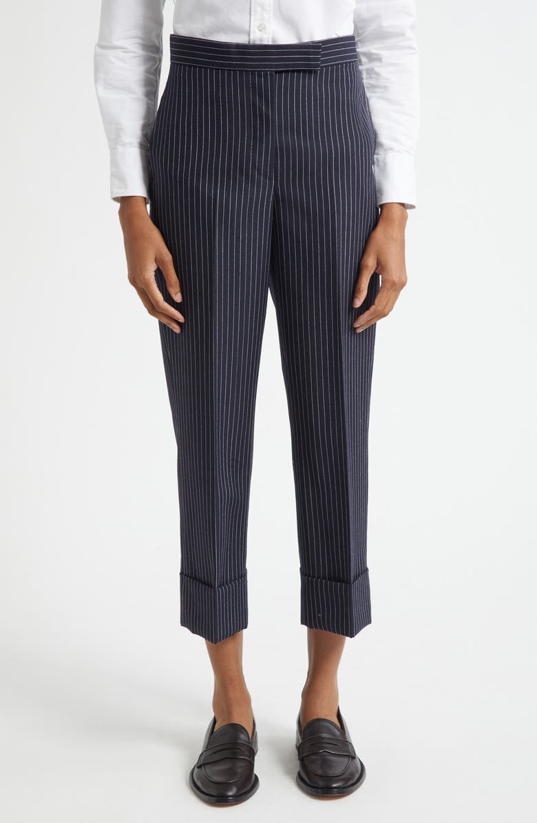 Thom Browne Fit 1 Pinstripe Backstrap Virgin Wool Blend Pants, Main, color, Navy