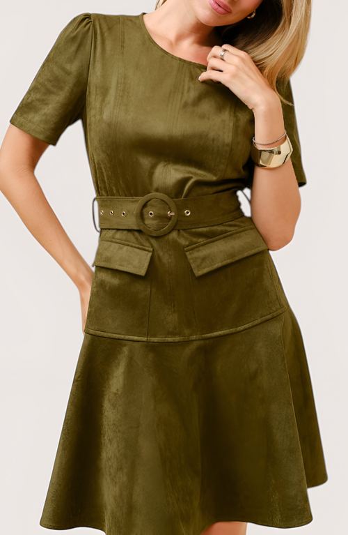Modenaire Short Sleeve Mini Dress With Belted Waist And Utility Pockets In Green