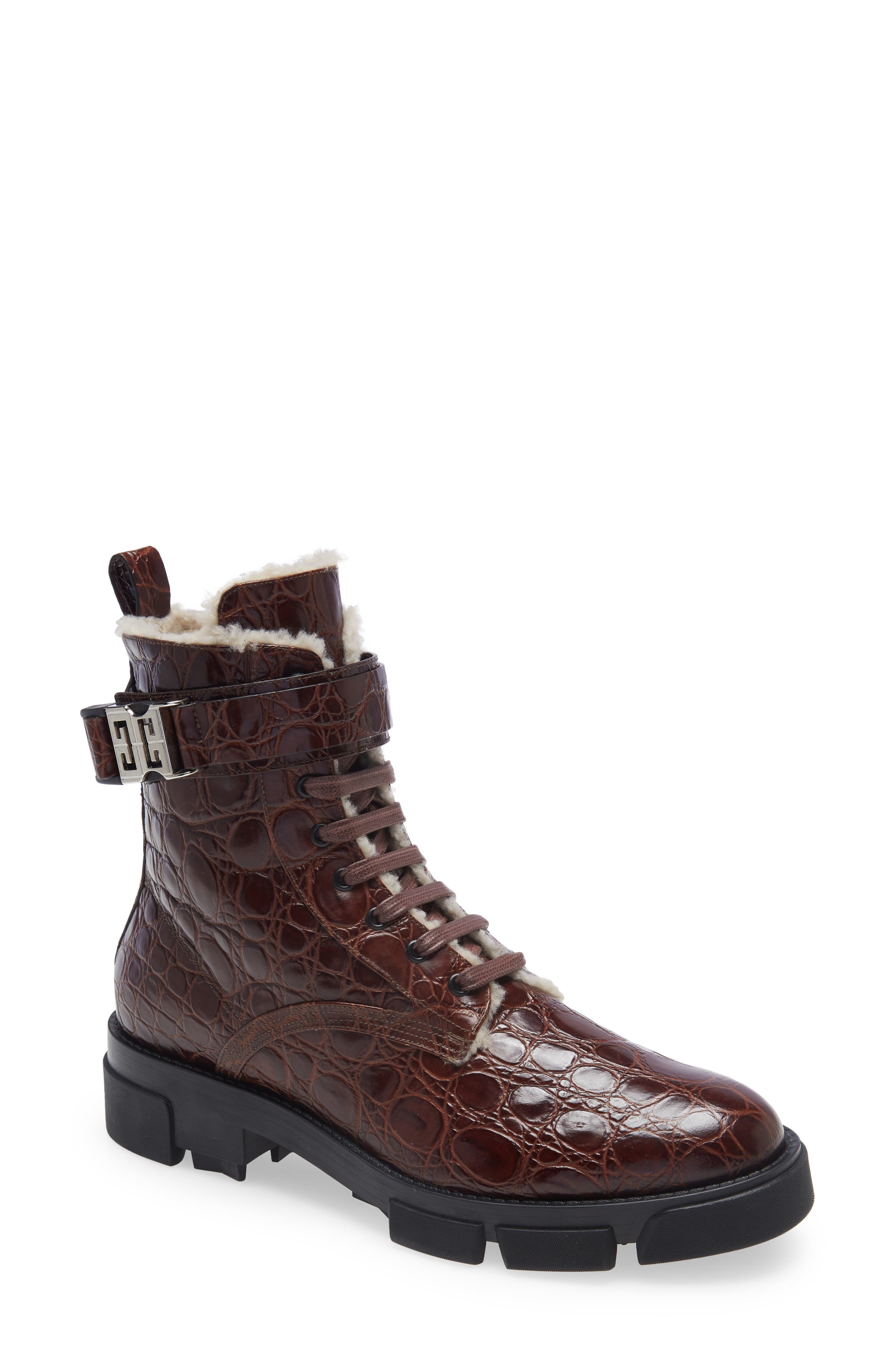 Terra 4G Buckle Faux Shearling Lined Combat Boot, Main, color, DARK BROWN