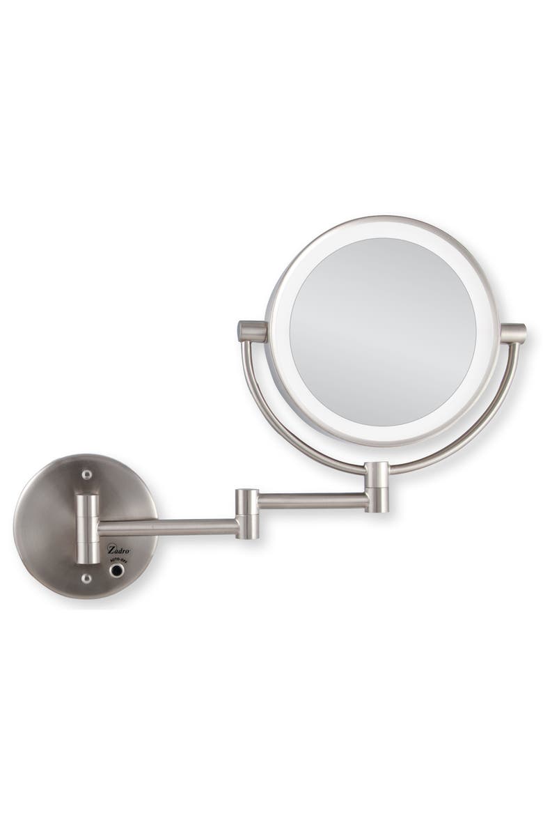Lighted Wall Mounted Makeup Mirror with 5X/1X Magnification & Cordless, Alternate, color, Satin Nickel