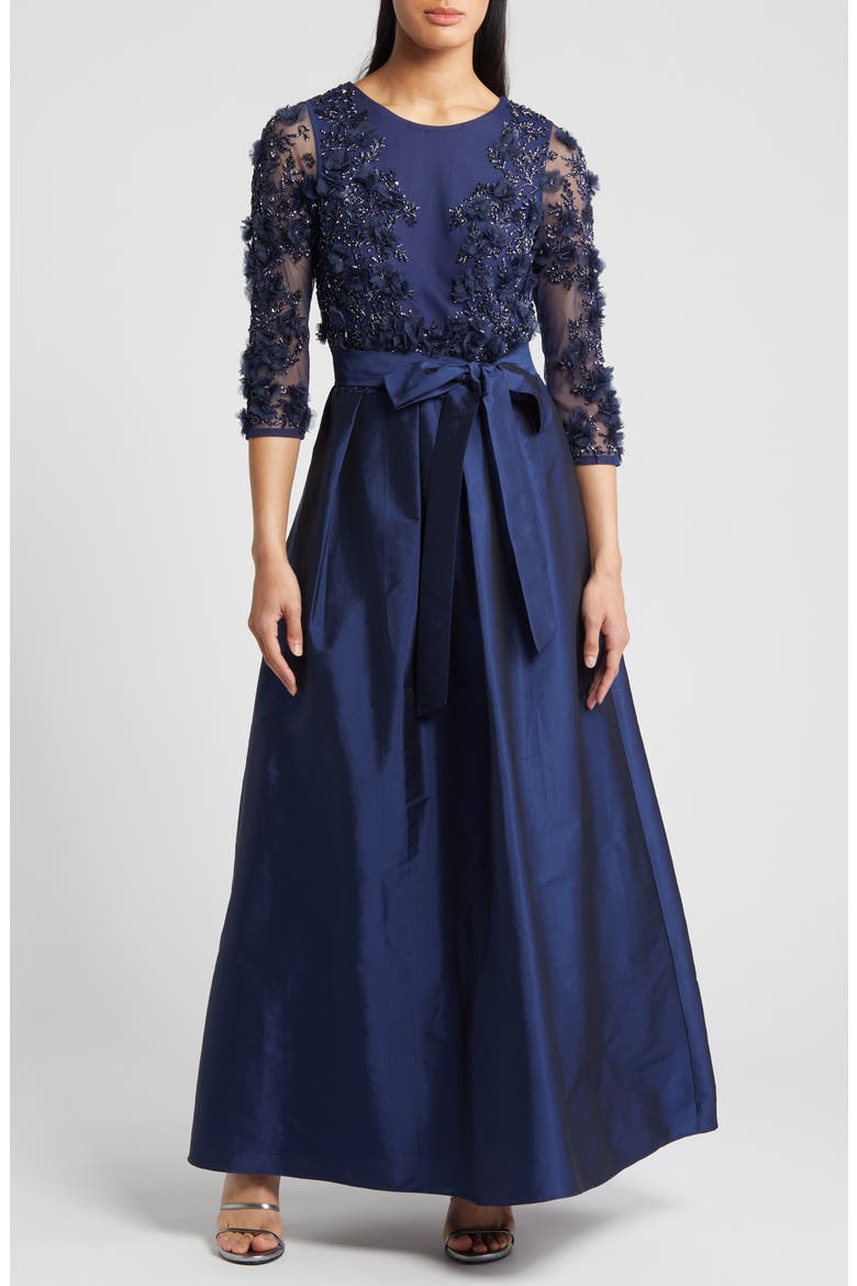 3D Floral Beaded Taffeta Dress, Main, color, NAVY