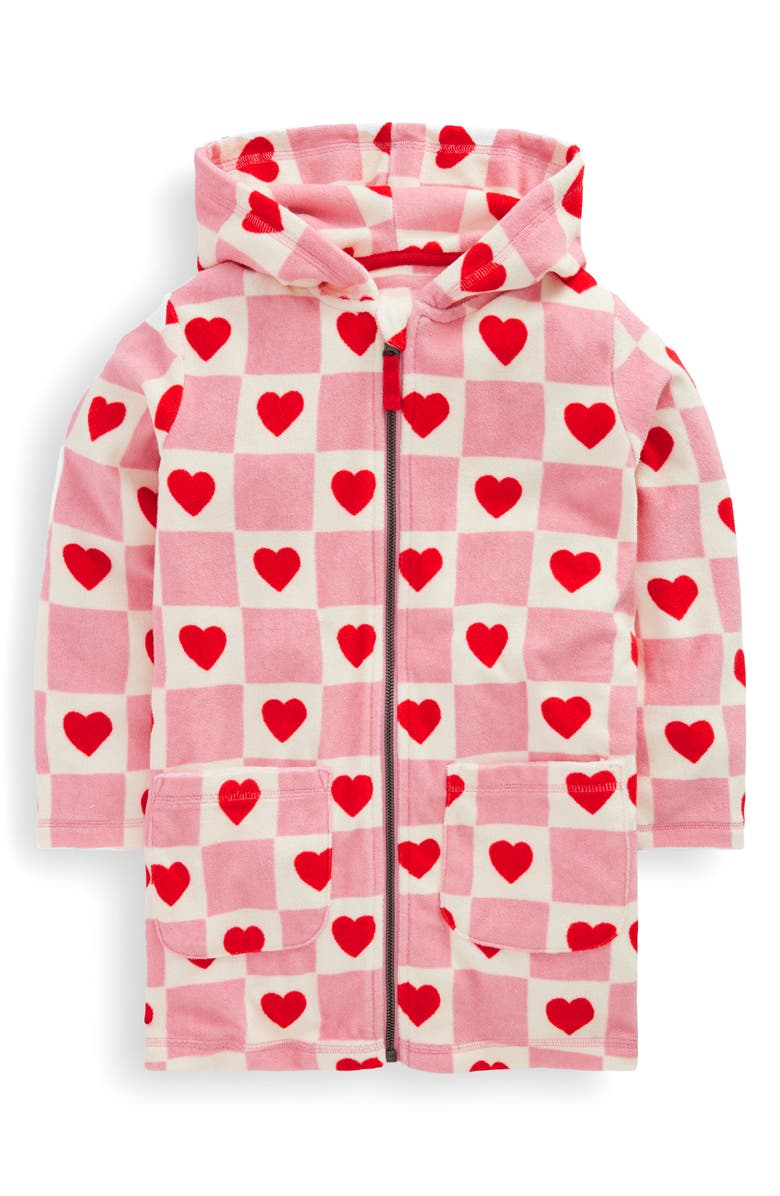 Mini Boden Kids' Heart Check Print Terry Hooded Cover-Up Dress, Main, color, Bubblegum Pink Heart Stamp
