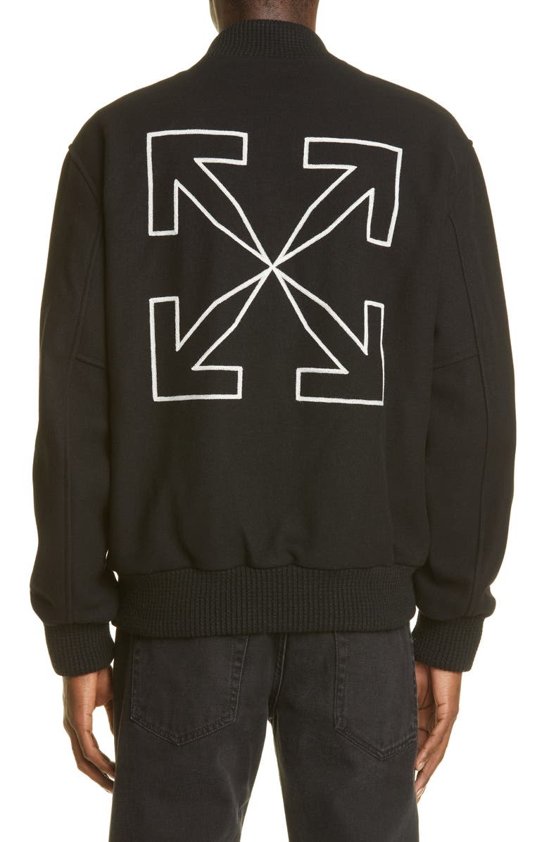 Off-White Logo Arrow Wool Blend Varsity Jacket, Alternate, color,