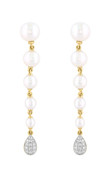 14K Yellow Gold Graduated Fresh Water Pearl Diamond Drop Earrings