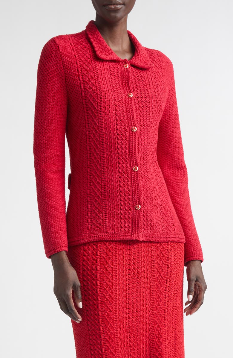 ST. JOHN Cotton Blend Mixed Stitch Sweater Jacket, Main, color, Scarlet