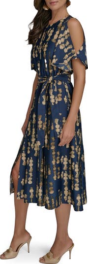 Donna Karan New York Abstract Print Cold Shoulder Midi Dress